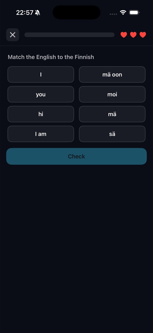 A Puhekieli exercise on iPhone asking the learner to match English words to their spoken Finnish equivalents such as ma oon, moi and sa.