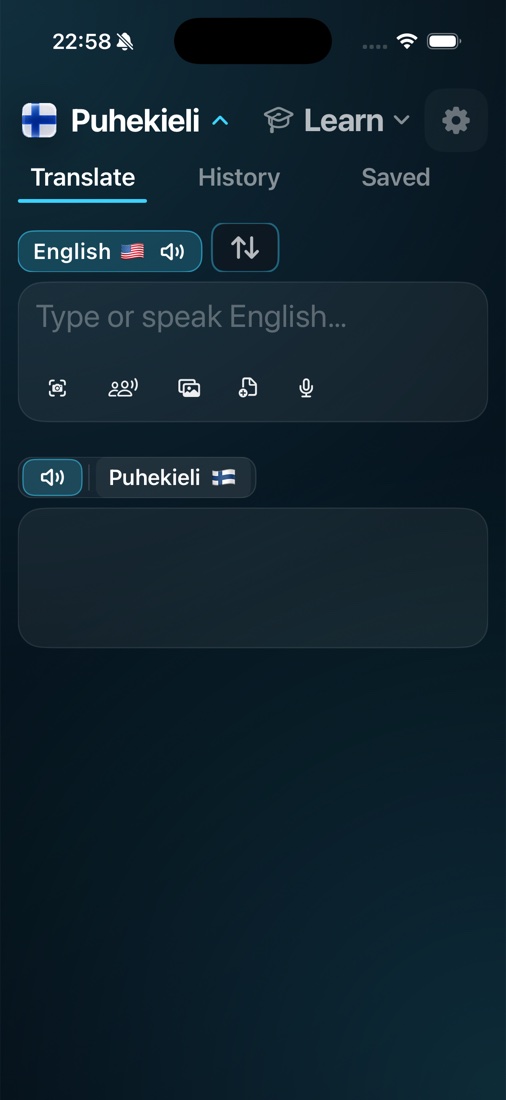 The Puhekieli translate screen on iPhone, ready to turn English into spoken Finnish, with buttons for camera input, photos, documents and dictation.